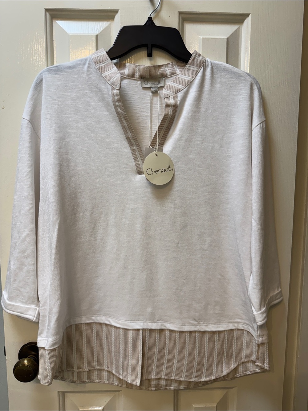 Chenault White Tunic with Cream-Striped Layered Hem